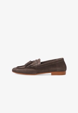 Men’s brown suede tassel loafer with low stacked heel and moc toe stitching, side view on white background.