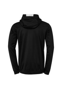 Schwarzer Hoodie aus glattem Stoff, mit einer Vordertasche, langen Ärmeln und einem kontrastierenden weißen Akzent auf der Rückseite der Kapuze.
