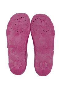 Kinderrosa Gummischuhe mit Blumenmustern an den Sohlen, Größe 28, von unten gezeigt.