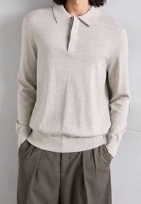Polo shirt à manches longues gris clair avec un col, coupe droite et texture en fine ribble. Stylisé avec un pantalon beige à coupe décontractée.