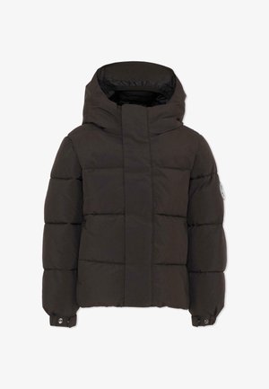 Giacca a piumino nera con collo alto, cuciture orizzontali e polsini con chiusura a scatto. Texture liscia con finitura lucida.