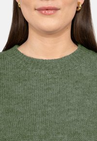 Primo piano della parte inferiore del viso e del collo di una donna che indossa orecchini a cerchio d'oro e un maglione verde lavorato a maglia con colletto a costine.