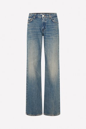 Light blue denim wide-leg jeans with a faded texture, five pockets, a button fly, and contrast stitching along the seams.