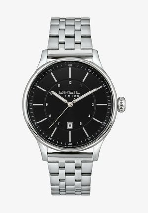 Silberne Edelstahl-Armbanduhr mit schwarzem Ziffernblatt, silbernen Stunden- und Minutenzeigern, Datumsfunktion bei 6 Uhr und einem strukturierten Metallarmband.