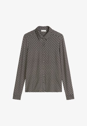 Langärmlige schwarze Bluse mit einem weißen geometrischen Muster, Kragen und Knopfverschluss. Weicher Stoff mit glatter Textur und tailliertem Schnitt.