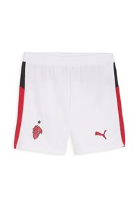 Weiße Sportshorts mit roten und schwarzen Seitenpanelen. Auf der unteren linken Vorderseite befindet sich ein rotes Drachenlogo und ein schwarzes Puma-Logo.