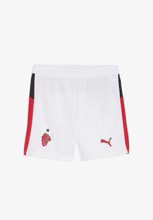 Białe szorty sportowe z czarno-czerwonymi bocznymi akcentami. Na lewej dolnej nogawce czerwona grafika smoka oraz czarne logo Puma. Elastyczny pas.