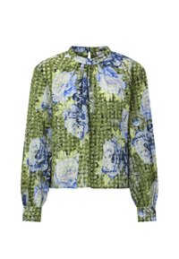 Bluză florală verde, cu flori albastre și albe, mâneci lungi bufante, guler înalt și țesătură texturată cu detalii adunate.