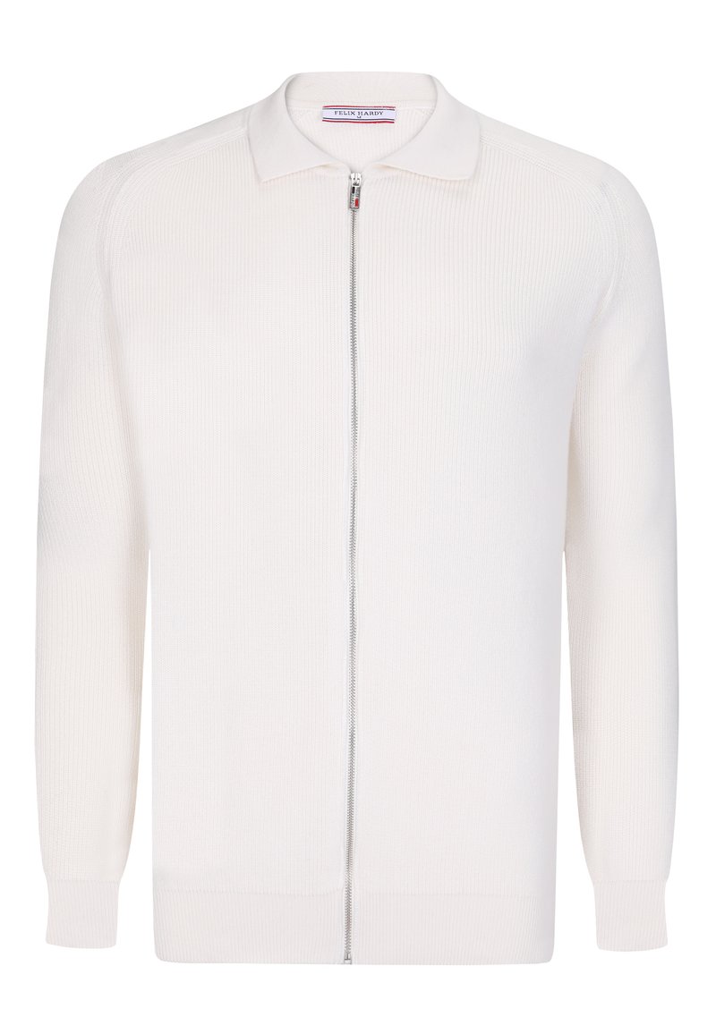 Cardigan bianco con zip e colletto, caratterizzato da una texture a coste, maniche lunghe e una zip argentata. Progettato con una silhouette aderente.