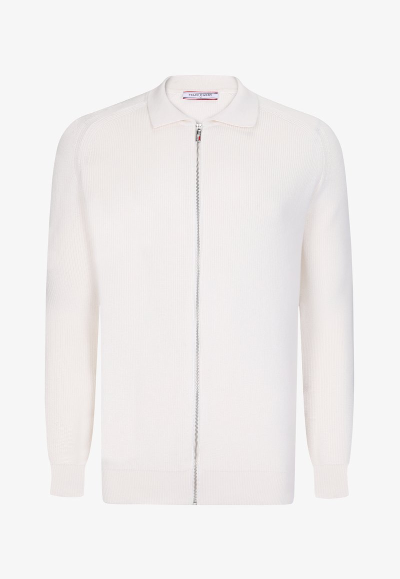 Cardigan bianco con zip e colletto, caratterizzato da una texture a coste, maniche lunghe e una zip argentata. Progettato con una silhouette aderente.