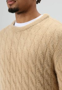 Beige gebreide trui met een gestructureerd kabelpatroon, een ronde halslijn en zacht, pluizig materiaal. Het ontwerp heeft een losse pasvorm.