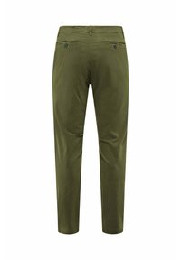 Olivgrüne Hosen mit geradem Schnitt, aus weicher Baumwolle, mit Gesäßtaschen und Knopfverschluss sowie ohne sichtbare Muster.