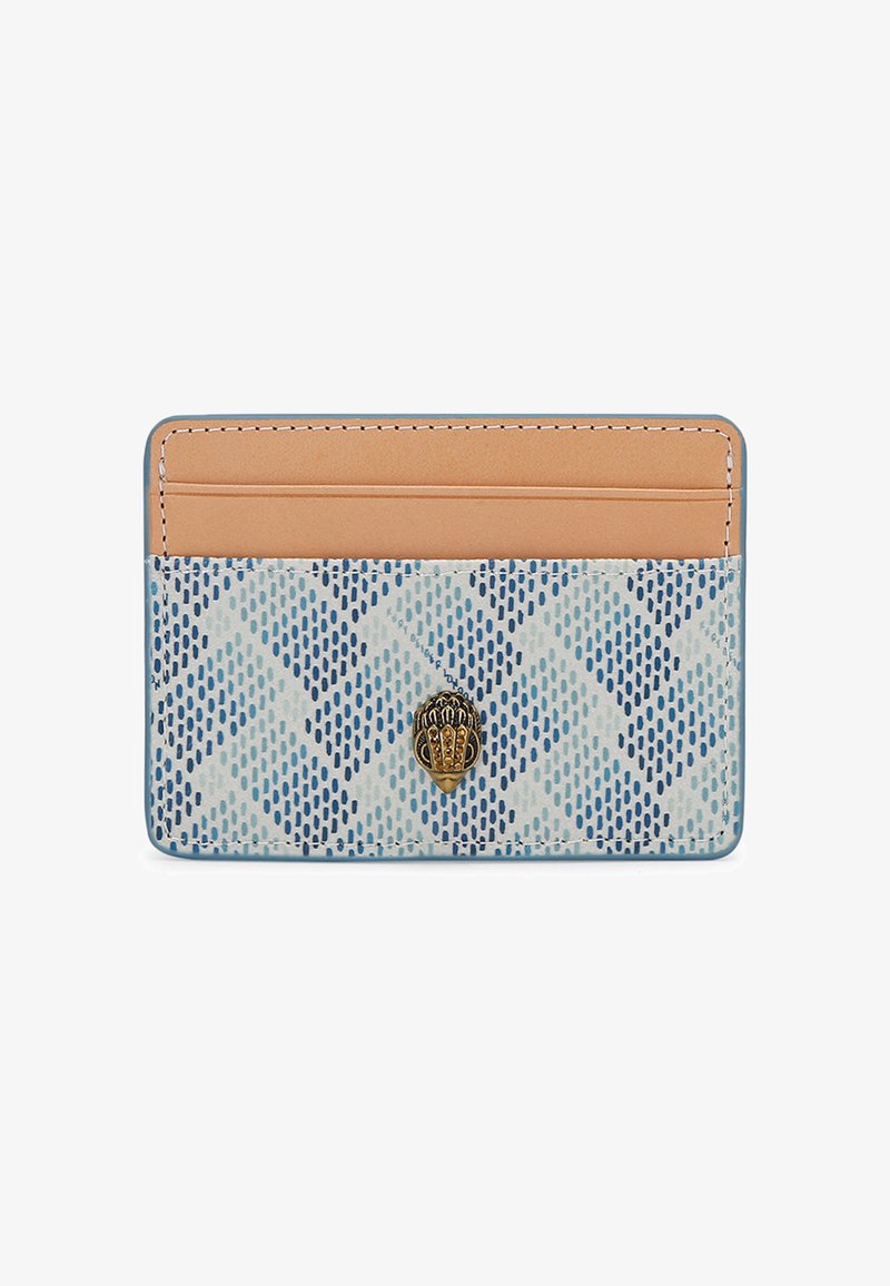 Leren kaarthouder in blauw en wit, met een geometrisch patroon. Drie kaartsleeven, beige interieur en decoratieve gouden hardware.