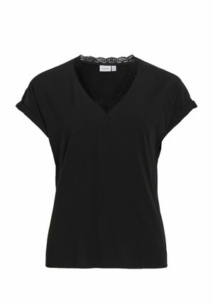VILA, SHORT SLEEVED TOP VIGENIA V-NECK - Μπλουζάκι με στάμπα - black