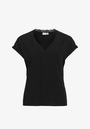 VILA, SHORT SLEEVED TOP VIGENIA V-NECK - Tričko s potlačou - black