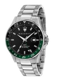Orologio in acciaio inossidabile con quadrante nero, lunetta verde e indicatori delle ore argentati. Presenta un display della data e resistenza all'acqua fino a 100 metri.