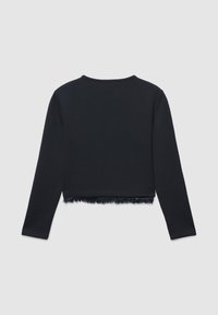 Top cropped nero a maniche lunghe con scollo rotondo e texture pelosa all'orlo. Tessuto liscio con una silhouette aderente e bordi puliti.