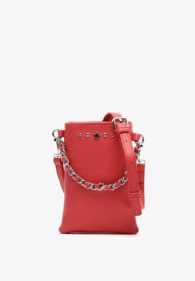 Red faux leather crossbody bag with a textured surface, featuring silver-tone hardware, a star accent, and a chain strap.