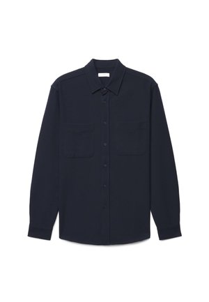 Long-sleeve black button-up shirt with two chest pockets and a classic collar, shown flat on a white background.