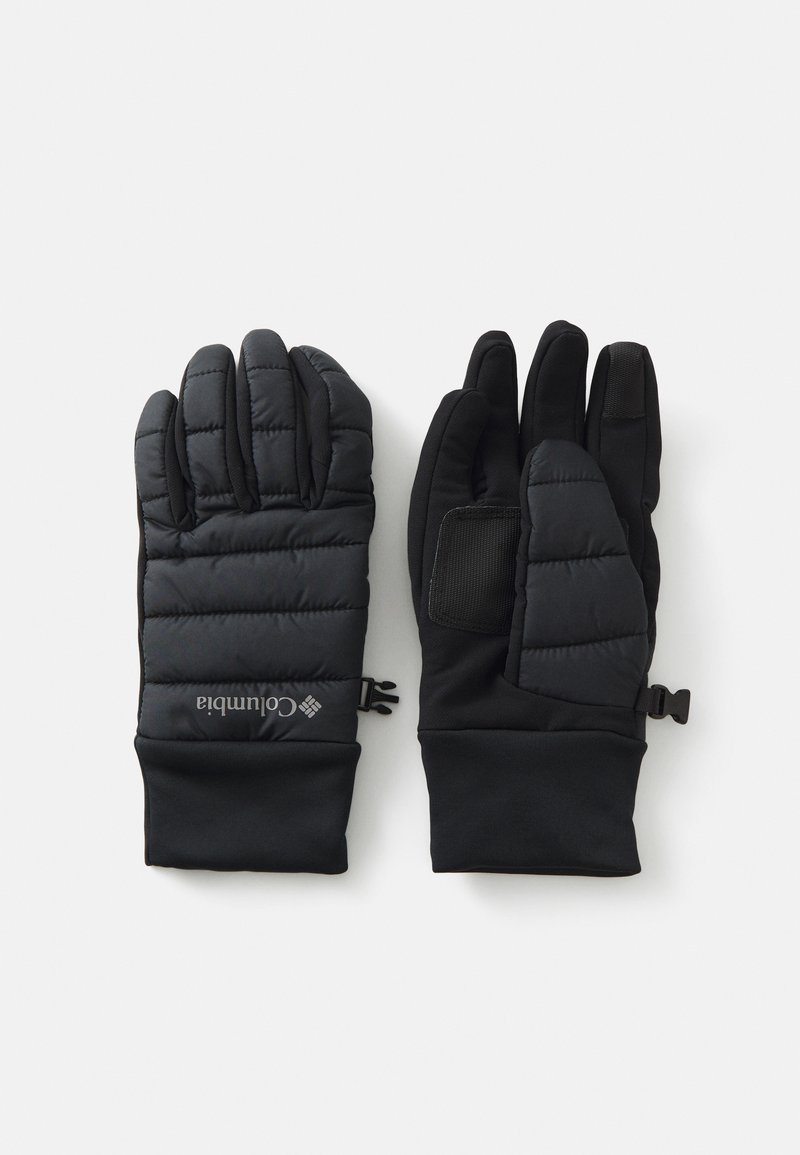 Svarte isolerte hansker med quiltet ytre, elastiske mansjetter og et håndleddsbånd for justering. Har logo på håndleddsområdet.