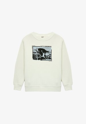 Sudadera de un beige claro con un diseño gráfico que incluye el texto "¡VAMOS A REBOTAR!" y una silueta en negro, cuello redondo y puños de canalé.