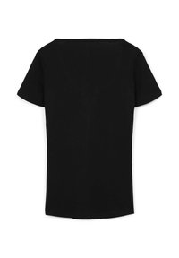 T-shirt nera a maniche corte, con scollatura rotonda, realizzata in un tessuto liscio. Presenta un design semplice, una vestibilità rilassata e un orlo leggermente curvato.