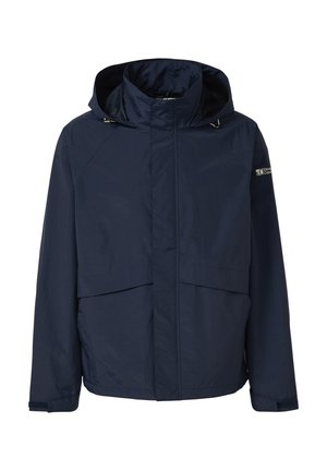 Chaqueta azul marino con capucha, cremallera frontal, puños ajustables y bolsillos con solapa, diseñada para uso casual al aire libre.