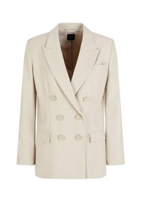 Blazer beige doppiopetto con grandi bottoni, revers a scollo a V, tasche laterali e vestibilità su misura. Tessuto liscio con minimal dettagli.