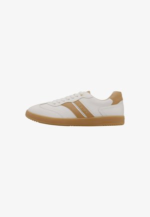 White sneakers with tan accents, textured leather, perforated design, flat rubber sole, and eyelet lacing, featuring "S. OLIVER" branding.