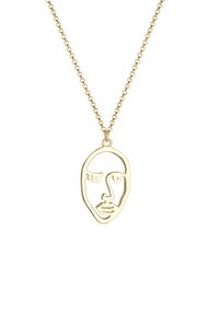 Goldene Halskette mit einem minimalistischen Gesichtsanhänger mit einer glatten Kontur. Die Kette ist zart mit gleichmäßig verteilten Gliedern.