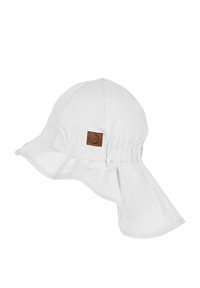 Weißer Sonnenhut aus weichem Stoff, mit breiter Krempe, gerafftem Oberteil und einem braunen Lederlogopatch an der Seite.