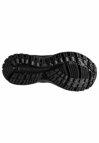 Zwarte hardloopschoen zool met een textuurpatroon voor grip, een ronde hiel en diepe groeven voor tractie en flexibiliteit. Belangrijk merkteken inbegrepen.