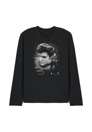 Black long-sleeve shirt featuring two black-and-white images of Elvis Presley, one close-up portrait and one full-body in a sweater and sneakers.