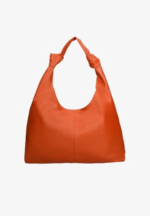 Borsa hobo in pelle di un vibrante arancione, con una superficie liscia, manico annodato e una forma morbida e arrotondata con cuciture minime.