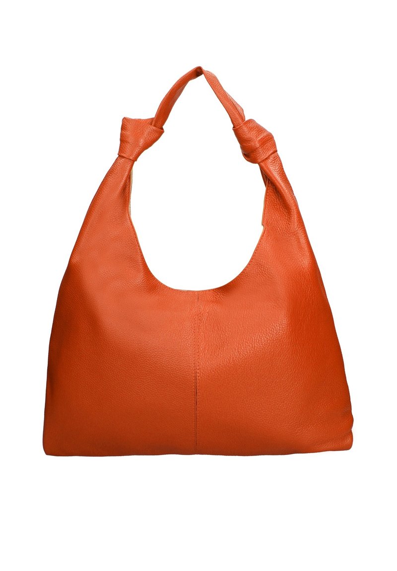 Sac hobo en cuir de couleur orange vif, avec une texture lisse, une anse nouée, et une forme souple et arrondie avec des coutures minimales.