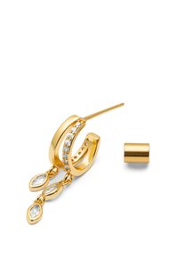 Orecchini a cerchio in oro con una fila di cristalli trasparenti e pendenti a forma di marquise. Include un piccolo pezzo di connettore in oro.
