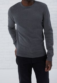 Pull en tricot gris avec col rond et manches longues. Comprend des poignets et un ourlet côtelés. Stylé avec un jean noir sur un fond en briques blanches.