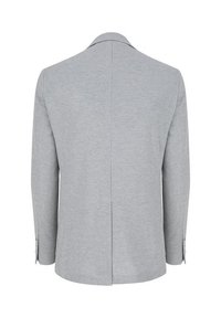 Jasnoszara marynarka męska z subtelnym wzorem w kratę, długimi rękawami, klapą z rozcięciem i środkowym rozcięciem z tyłu, widoczna od tyłu.