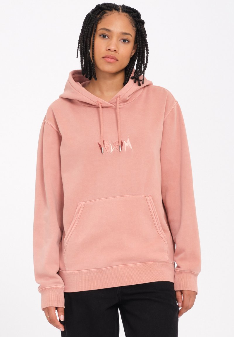 Pink hoodie with a front pocket, drawstring hood, and embroidered logo. Soft fabric with a relaxed fit and ribbed cuffs and hem.