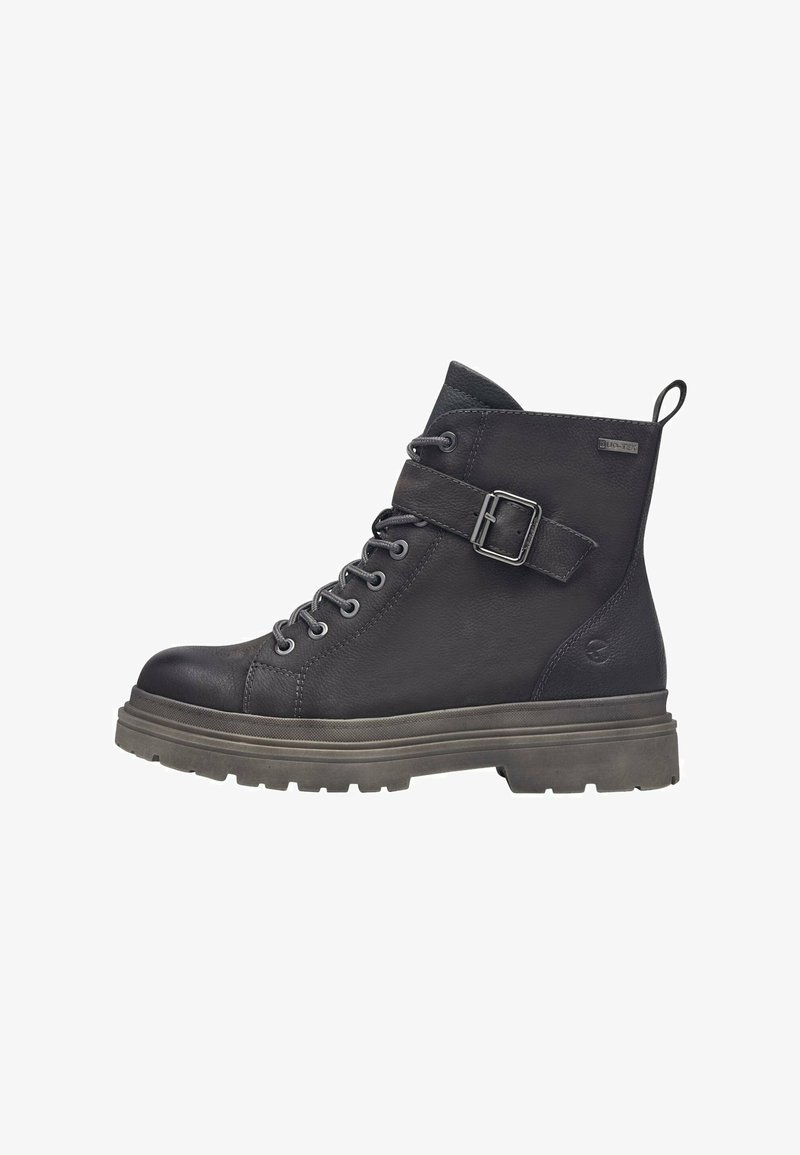Bottines en cuir noir avec un design à lacets, détail de boucle sur le côté et semelle en caoutchouc épaisse avec une texture rugged.