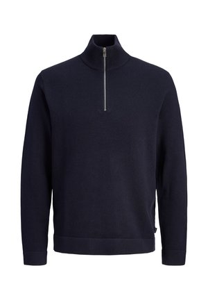 Μπλε ναυτικό πουλόβερ με ψηλό γιακά και ασημένιο φερμουάρ, κατασκευασμένο από υφαντό ύφασμα με υφή. Διαθέτει ριμπ τελειώματα στα μανίκια και το τελείωμα, καθώς και πλευρικές ανοίγματα.