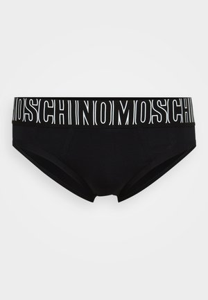 Čierne bavlnené spodné prádlo s širokým elastickým pásom, na ktorom je biely nápis "Moschino". Klasický tvar slipov s hladkou textúrou.