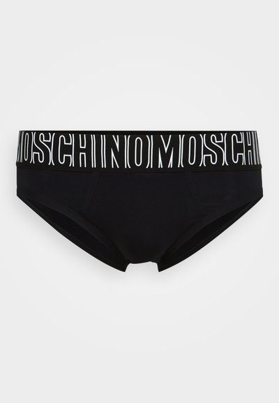 Juodas medvilninis apatinis trikotažas su plačia elastinga juostele, kurios centre yra baltas "Moschino" logotipas. Klasikinis trumpikų siluetas su lygiu paviršiumi.