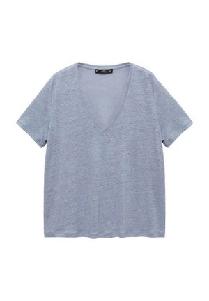 Hellblaues T-Shirt mit kurzen Ärmeln und tiefem V-Ausschnitt. Hergestellt aus weichem Stoff mit strukturierter Oberfläche. Lässiger, lockerer Schnitt.