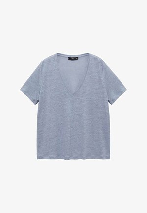 Jasnoniebieska koszulka z krótkim rękawem i głębokim dekoltem w kształcie litery V. Wykonana z miękkiego materiału o teksturowanym wykończeniu. Casualowy, luźny krój.