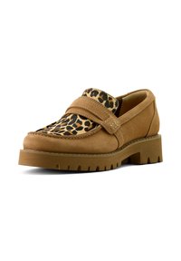 Brown suede loafers with a leopard print textile section, featuring a thick, rugged sole and stitched detailing along the edges.
