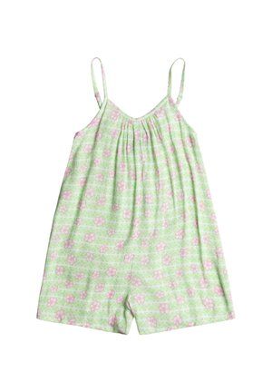 Une combinaison courte vert clair à motif floral avec des fleurs roses, des bretelles fines et ajustables, et un design de buste froncé. Tissu en coton doux.