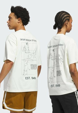 White cotton t-shirts featuring printed illustrations of basketball players and text on the back. Crew neck and short sleeves.