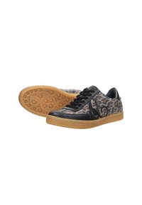 Lace-up sneakers featuring a textured leopard print upper with black leather accents and a gum rubber sole. Rounded toe with detailed stitching.