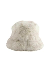 Bucket Hat aus Kunstfell in Off-White. Weiches, strukturiertes Material mit runder Form und breiter Krempe, das einen subtilen Glanz und einen flauschigen Abschluss aufweist.